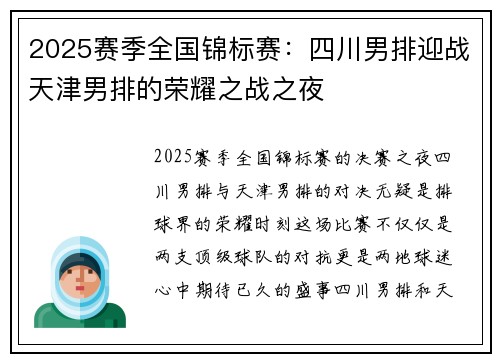 2025赛季全国锦标赛：四川男排迎战天津男排的荣耀之战之夜